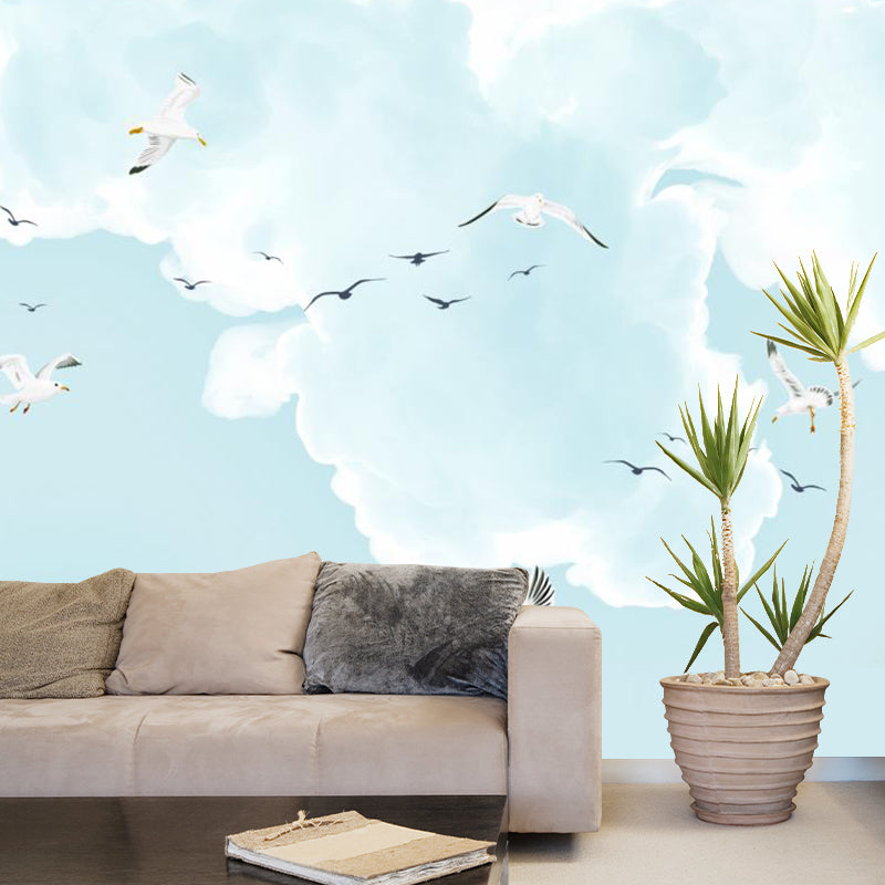 Contemporary Seagulls Mural Wallpaper for Bedroom Custom Size Wall Covering in Blue-White Clearhalo 'Wall Decor' 'Wall Mural' 1171663