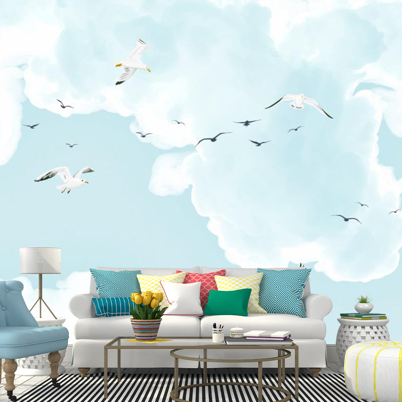 Contemporary Seagulls Mural Wallpaper for Bedroom Custom Size Wall Covering in Blue-White Clearhalo 'Wall Decor' 'Wall Mural' 1171664