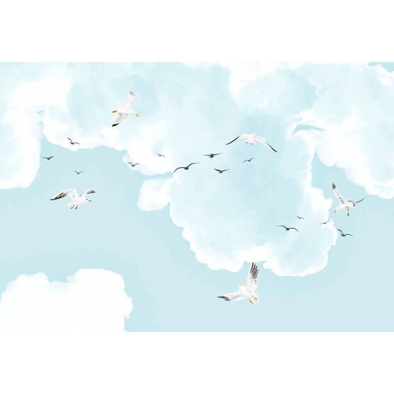 Contemporary Seagulls Mural Wallpaper for Bedroom Custom Size Wall Covering in Blue-White Clearhalo 'Wall Decor' 'Wall Mural' 1171665