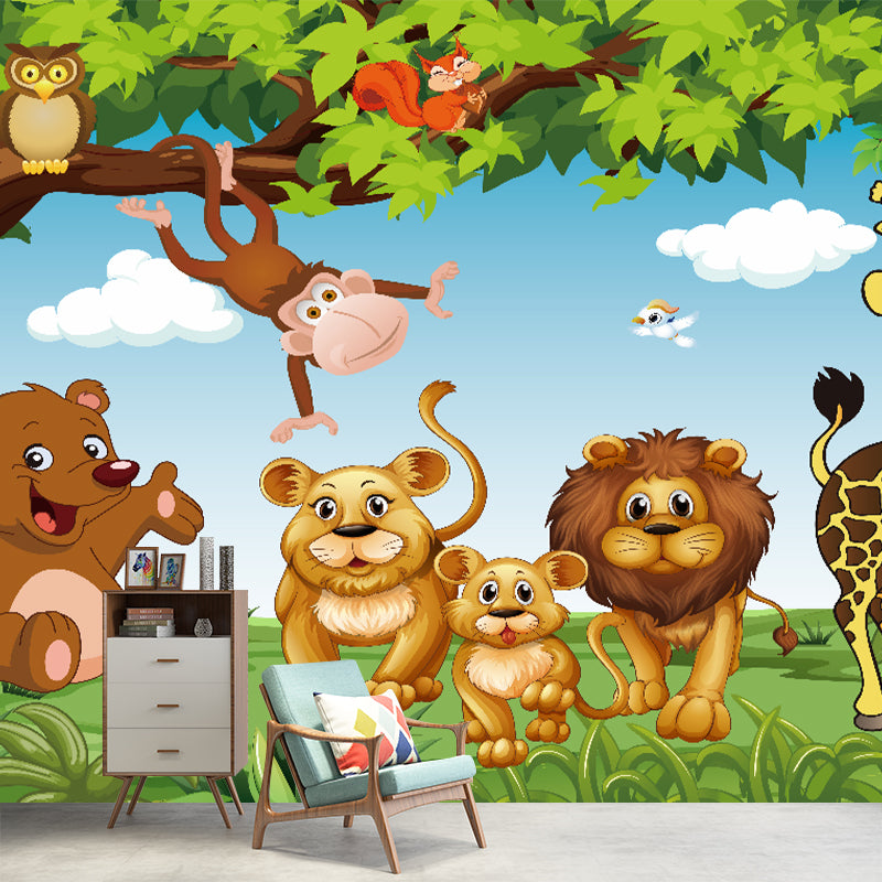 Non-Woven Waterproof Murals Cartoon Forest Animals Pattern Wall Covering for Kindergarten Brown-Green-Yellow Clearhalo 'Wall Decor' 'Wall Mural' 1171672