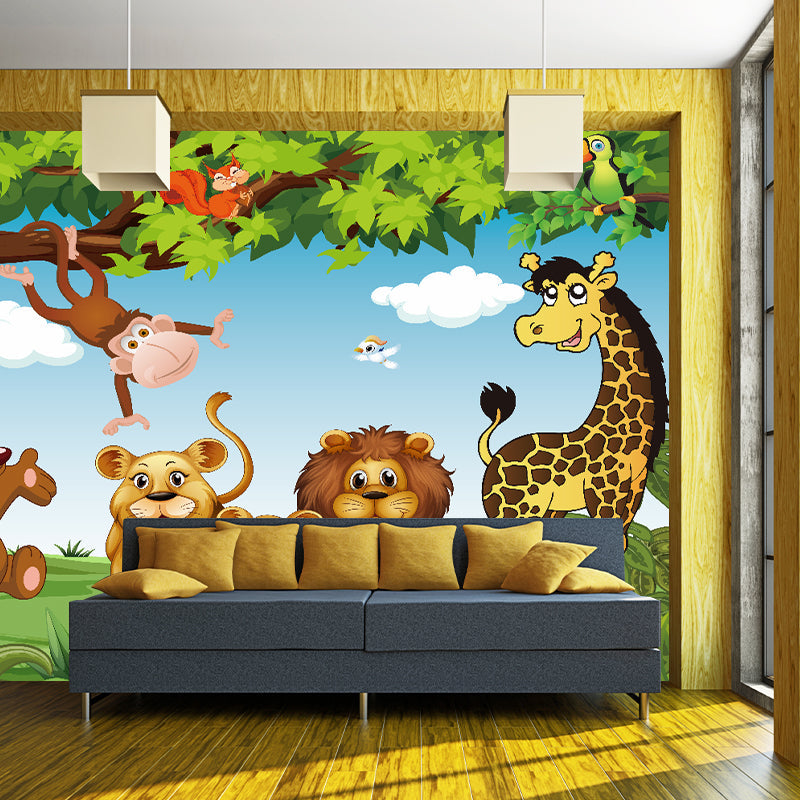 Non-Woven Waterproof Murals Cartoon Forest Animals Pattern Wall Covering for Kindergarten Clearhalo 'Wall Decor' 'Wall Mural' 1171673