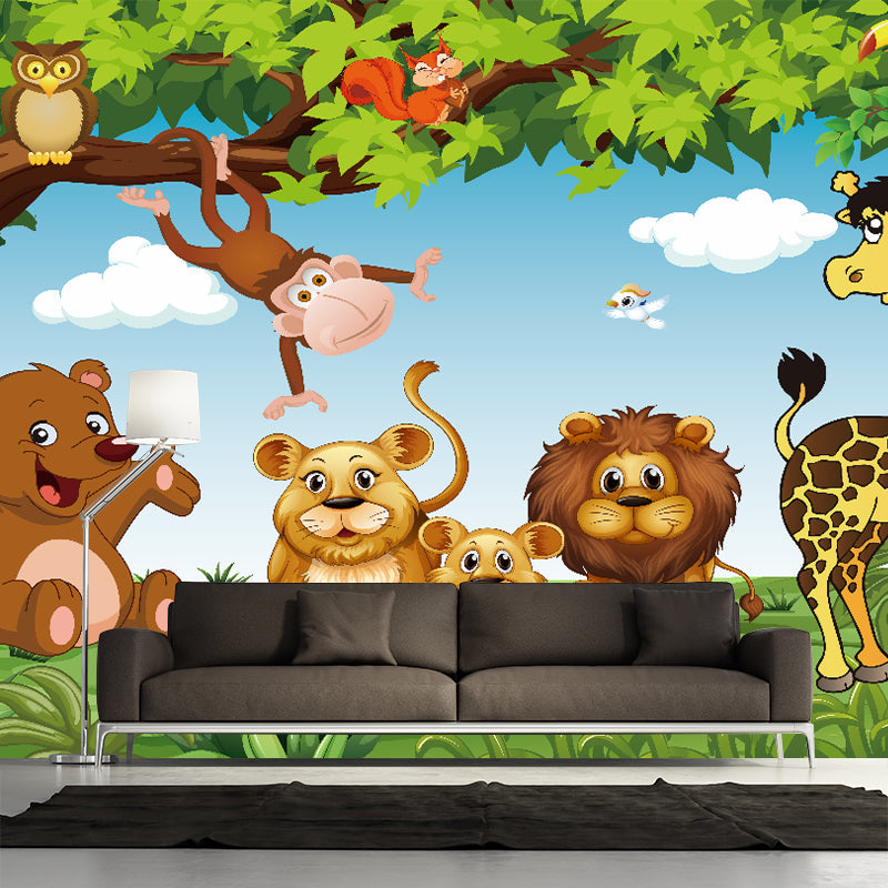 Non-Woven Waterproof Murals Cartoon Forest Animals Pattern Wall Covering for Kindergarten Clearhalo 'Wall Decor' 'Wall Mural' 1171674