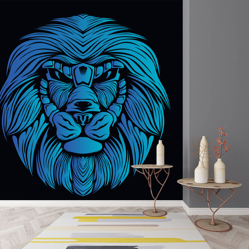 Blue Lion King Murals Wallpaper Stain-Resistant Cartoon Bedroom Wall Art on Black Clearhalo 'Wall Decor' 'Wall Mural' 1171688