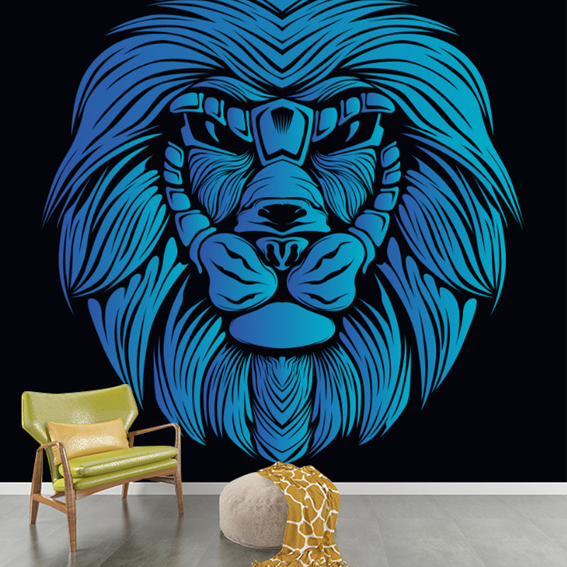 Blue Lion King Murals Wallpaper Stain-Resistant Cartoon Bedroom Wall Art on Black Clearhalo 'Wall Decor' 'Wall Mural' 1171689