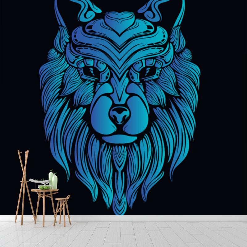 Cartoon Animal Wolf Head Murals Black and Blue Stain-Proof Wall Art for Boys Room Black-Blue Clearhalo 'Wall Decor' 'Wall Mural' 1171692