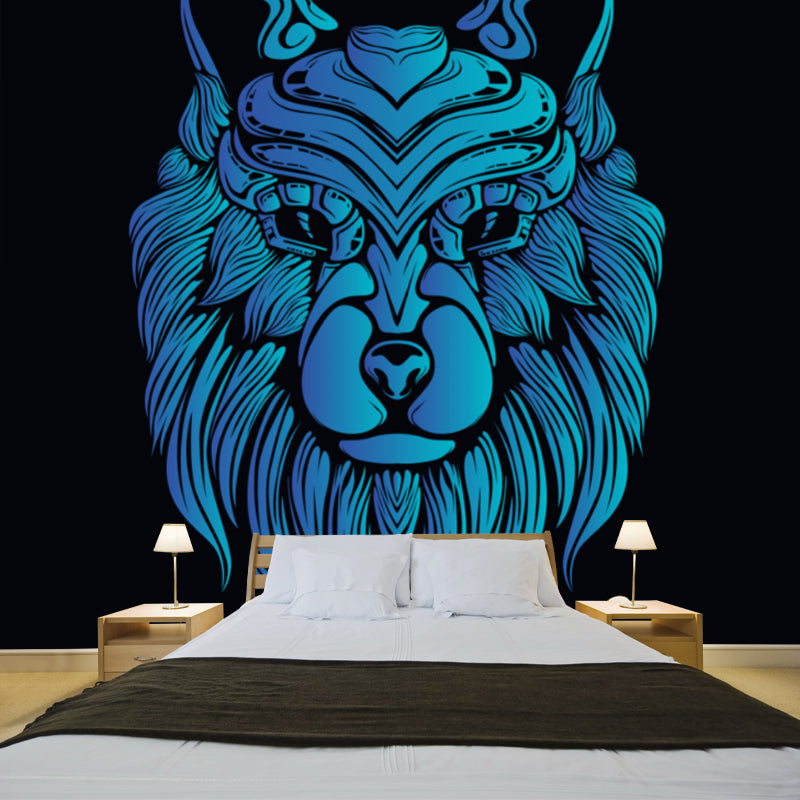 Cartoon Animal Wolf Head Murals Black and Blue Stain-Proof Wall Art for Boys Room Clearhalo 'Wall Decor' 'Wall Mural' 1171693