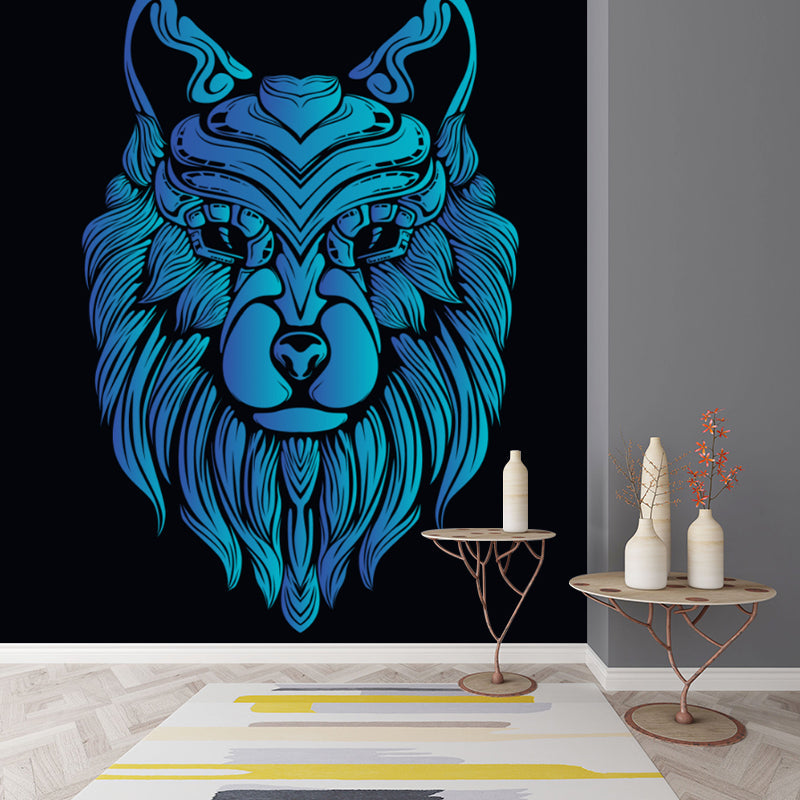 Cartoon Animal Wolf Head Murals Black and Blue Stain-Proof Wall Art for Boys Room Clearhalo 'Wall Decor' 'Wall Mural' 1171694