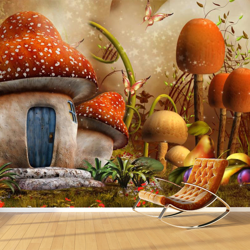 Brown Mushroom Home Murals Fantasy Cartoon Waterproof Wall Covering for Kids Bedroom Brown Clearhalo 'Wall Decor' 'Wall Mural' 1171697