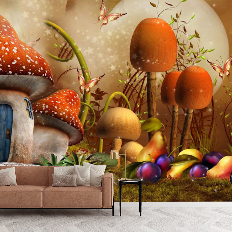 Brown Mushroom Home Murals Fantasy Cartoon Waterproof Wall Covering for Kids Bedroom Clearhalo 'Wall Decor' 'Wall Mural' 1171698