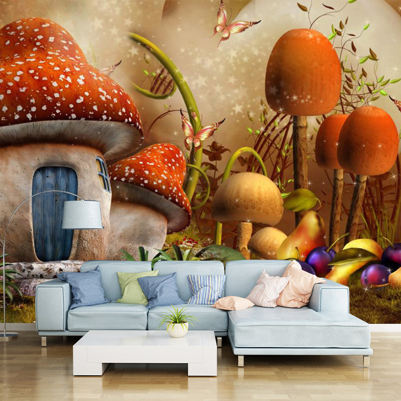 Brown Mushroom Home Murals Fantasy Cartoon Waterproof Wall Covering for Kids Bedroom Clearhalo 'Wall Decor' 'Wall Mural' 1171699