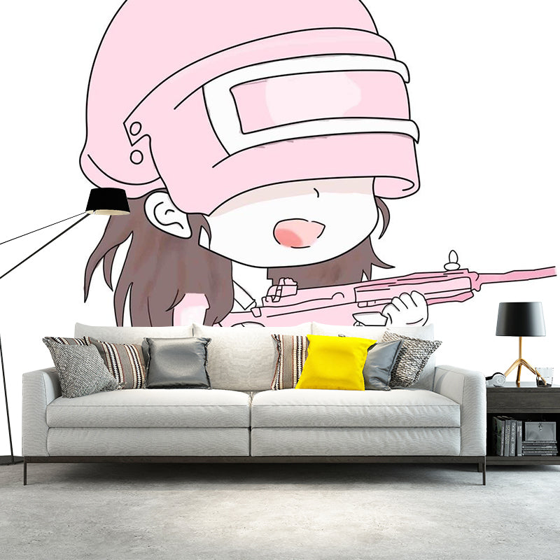 Cool Warrior Girl Mural Wallpaper for Children Bedroom, Pink, Custom Size Available Pink Clearhalo 'Wall Decor' 'Wall Mural' 1171702