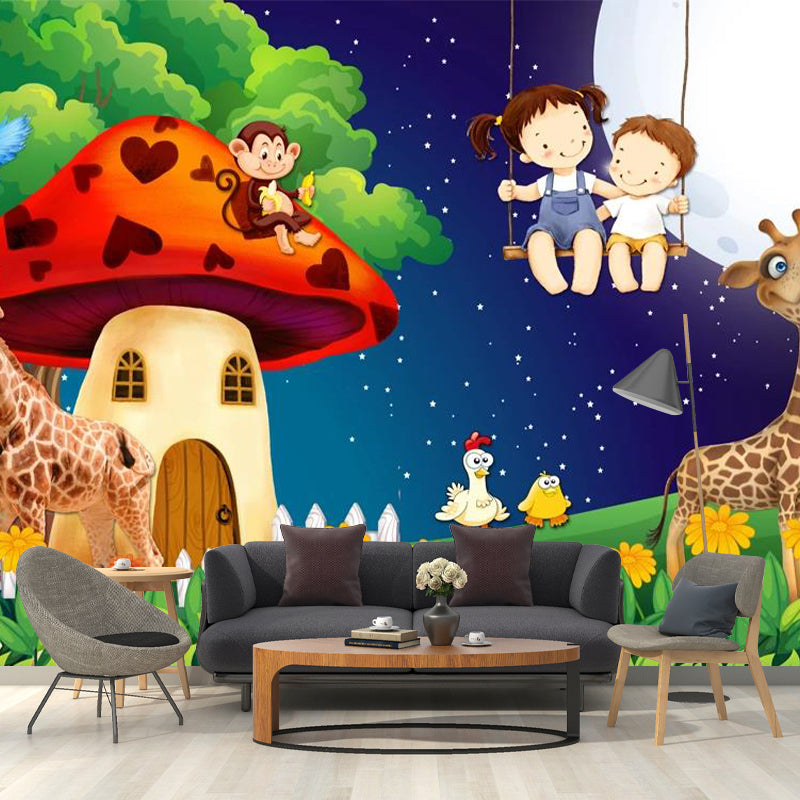 Fantasy Mushroom House Wall Mural Cartoon Non-Woven Fabric Wall Decor in Red-Green Clearhalo 'Wall Decor' 'Wall Mural' 1171708