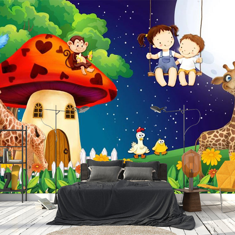 Fantasy Mushroom House Wall Mural Cartoon Non-Woven Fabric Wall Decor in Red-Green Clearhalo 'Wall Decor' 'Wall Mural' 1171709