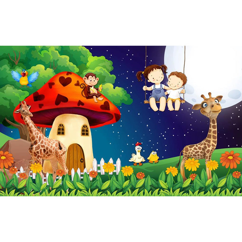 Fantasy Mushroom House Wall Mural Cartoon Non-Woven Fabric Wall Decor in Red-Green Clearhalo 'Wall Decor' 'Wall Mural' 1171710