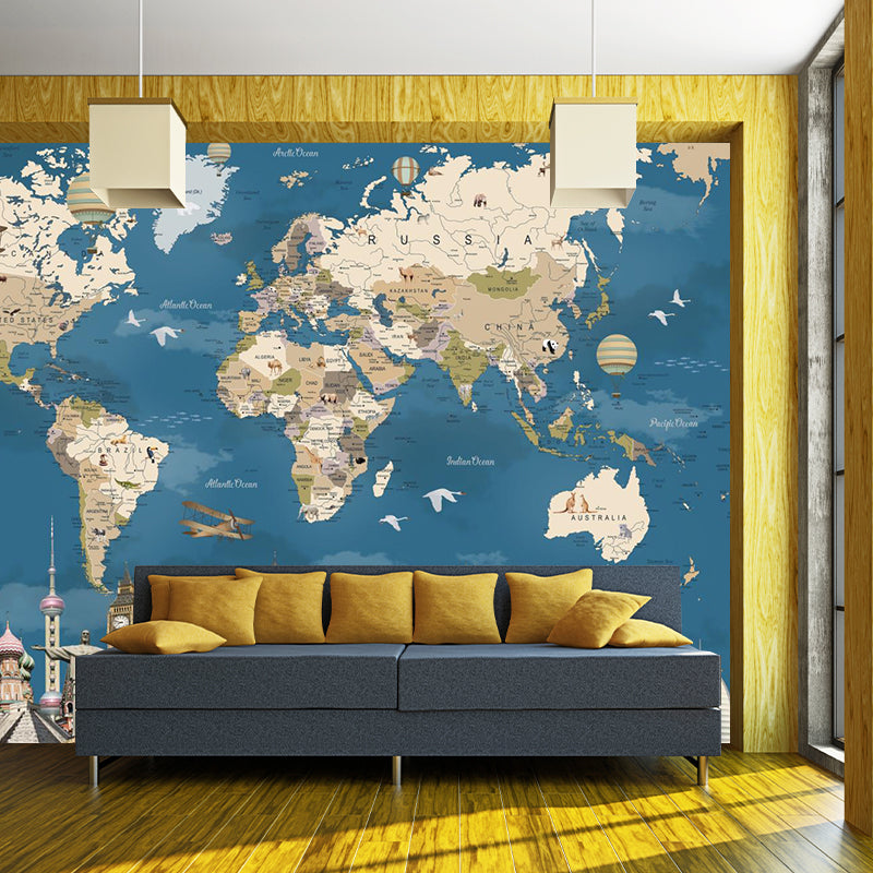 Non-Woven Washable Murals Modern World Map and Historical Relics Wall Covering in Blue-Brown Blue-Brown Clearhalo 'Wall Decor' 'Wall Mural' 1171712