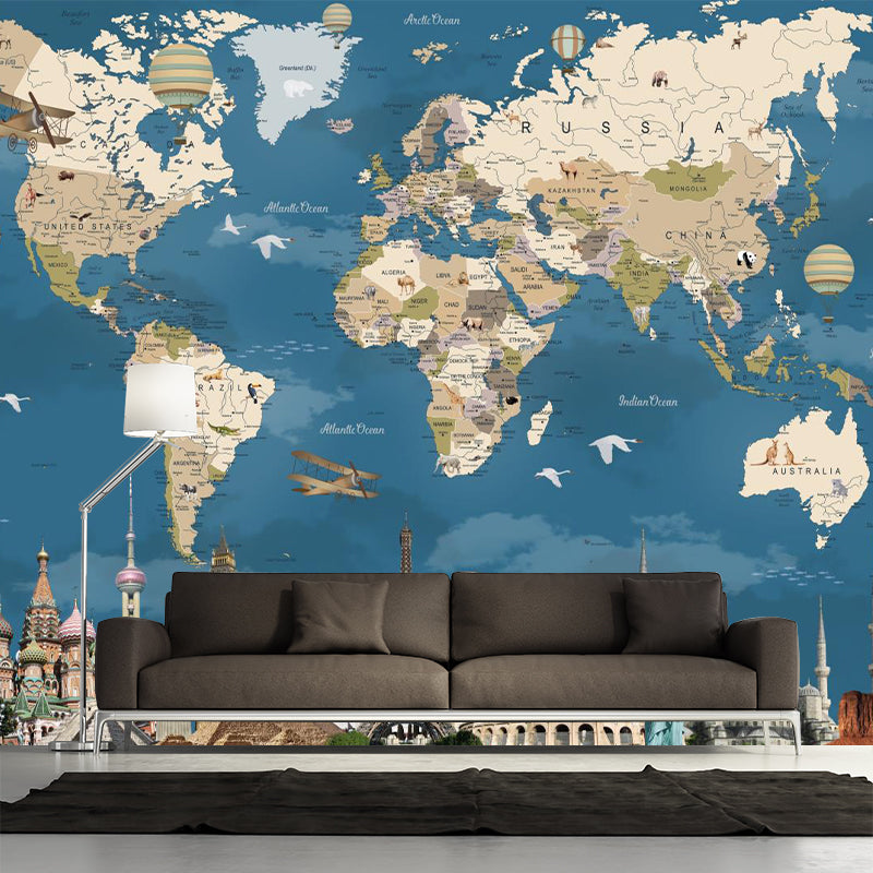 Non-Woven Washable Murals Modern World Map and Historical Relics Wall Covering in Blue-Brown Clearhalo 'Wall Decor' 'Wall Mural' 1171713