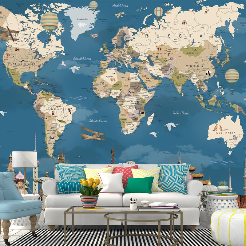 Non-Woven Washable Murals Modern World Map and Historical Relics Wall Covering in Blue-Brown Clearhalo 'Wall Decor' 'Wall Mural' 1171714