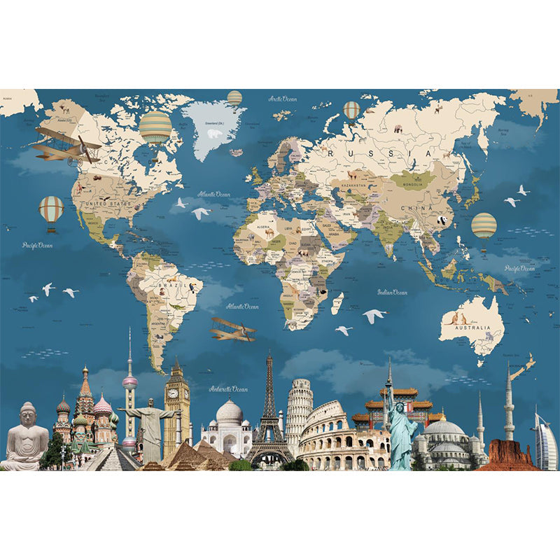 Non-Woven Washable Murals Modern World Map and Historical Relics Wall Covering in Blue-Brown Clearhalo 'Wall Decor' 'Wall Mural' 1171715