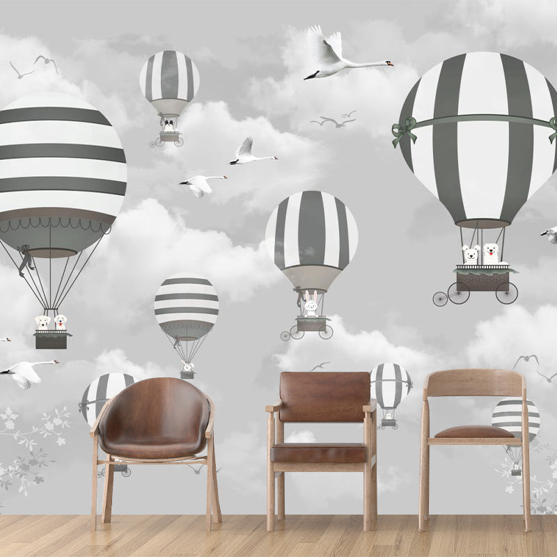 Cartoon Hot Air Balloon Murals for Baby Room Decoration Customized Wall Deal in Grey Grey Clearhalo 'Wall Decor' 'Wall Mural' 1171727