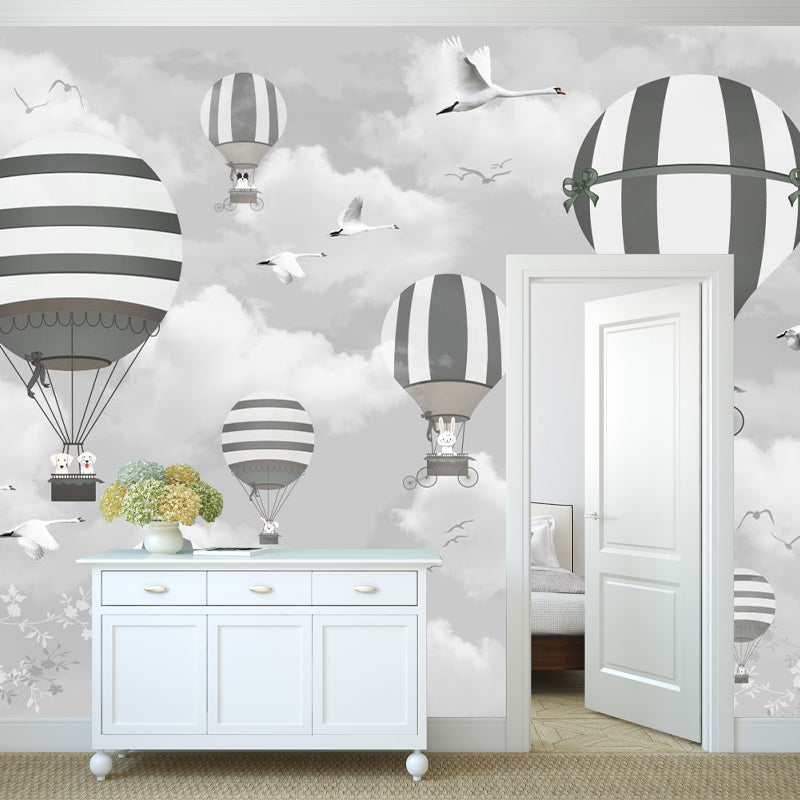 Cartoon Hot Air Balloon Murals for Baby Room Decoration Customized Wall Deal in Grey Clearhalo 'Wall Decor' 'Wall Mural' 1171728