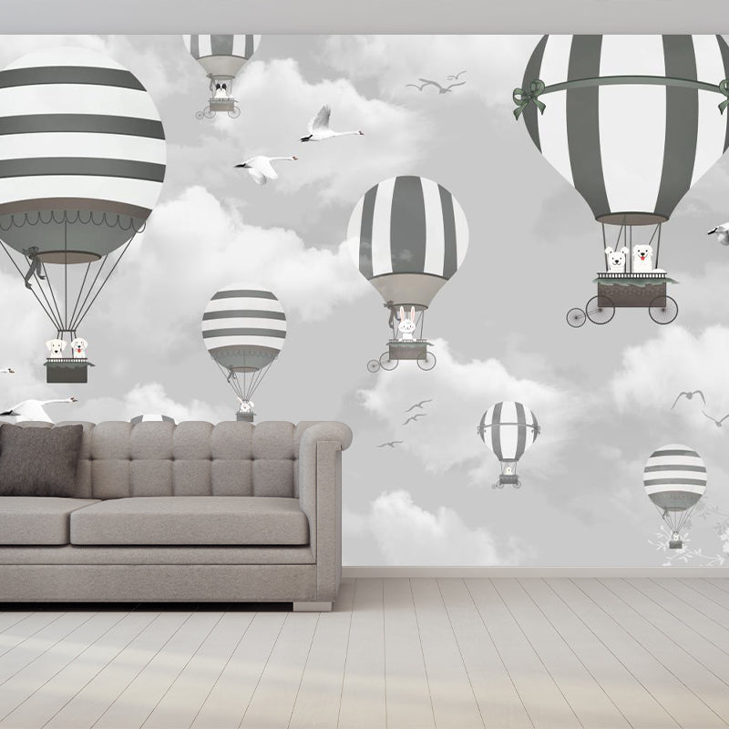 Cartoon Hot Air Balloon Murals for Baby Room Decoration Customized Wall Deal in Grey Clearhalo 'Wall Decor' 'Wall Mural' 1171729