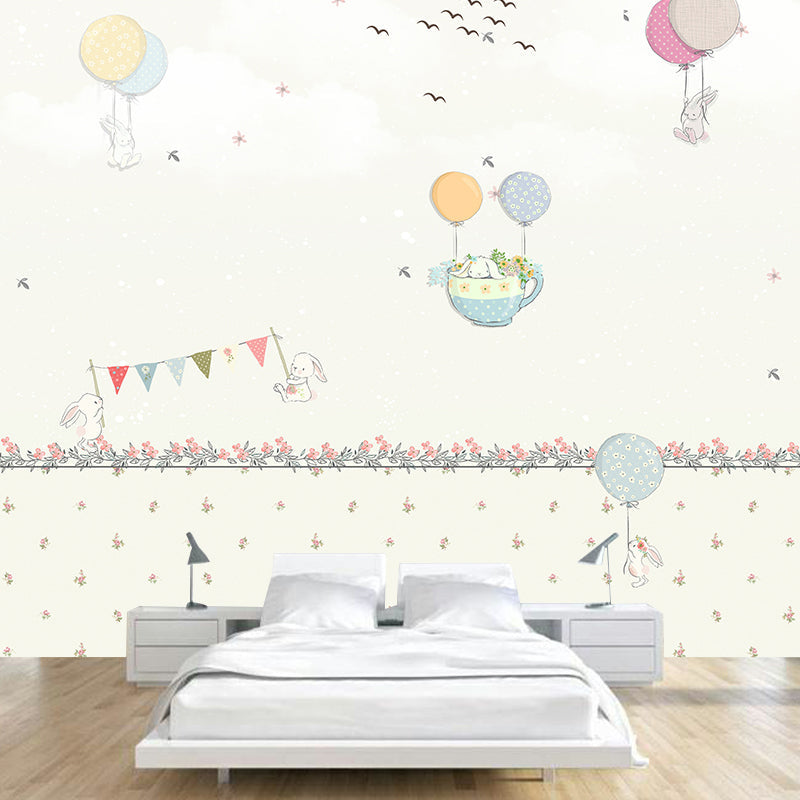 Pastel Color Cartoon Wallpaper Mural Full Size Rabbits Balloon Trip Pattern Wall Art for Nursery Clearhalo 'Wall Decor' 'Wall Mural' 1171738