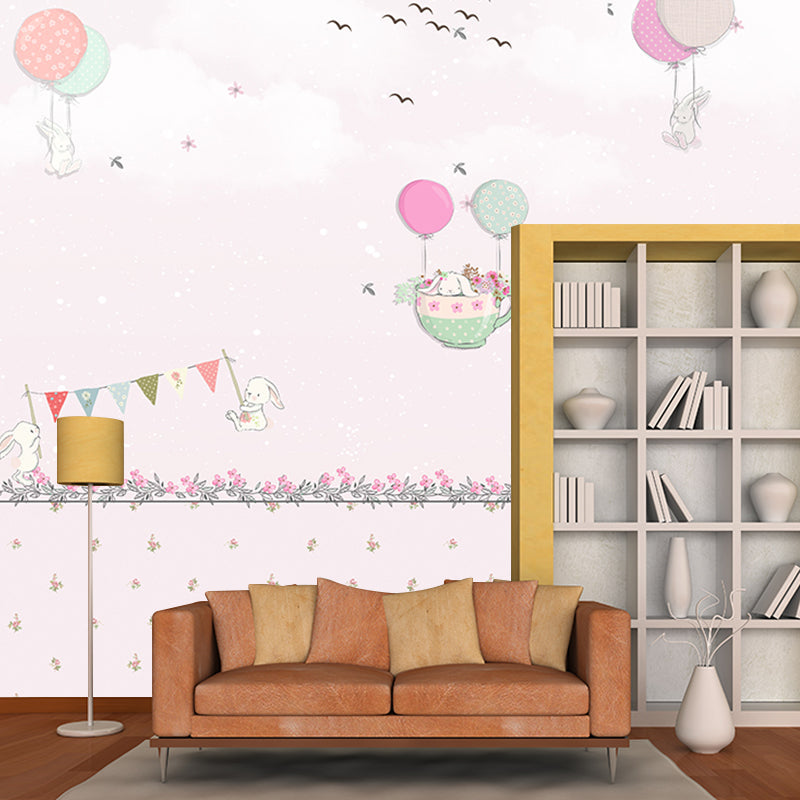 Pastel Color Cartoon Wallpaper Mural Full Size Rabbits Balloon Trip Pattern Wall Art for Nursery Clearhalo 'Wall Decor' 'Wall Mural' 1171743