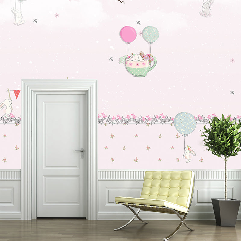 Pastel Color Cartoon Wallpaper Mural Full Size Rabbits Balloon Trip Pattern Wall Art for Nursery Clearhalo 'Wall Decor' 'Wall Mural' 1171744