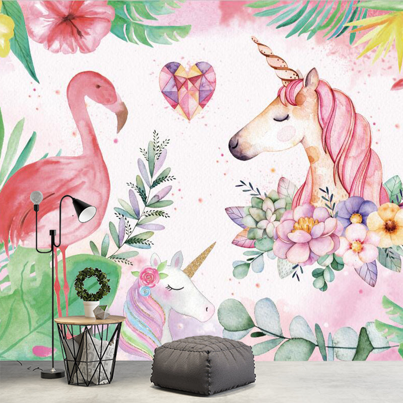 Stylish Unicorn and Flamingo Murals Pink and Green Stain Resistant Wall Art for Bedroom Pink-Green Clearhalo 'Wall Decor' 'Wall Mural' 1171762