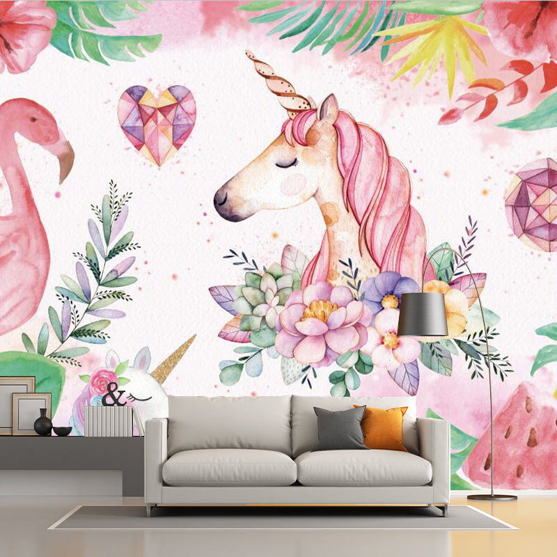 Stylish Unicorn and Flamingo Murals Pink and Green Stain Resistant Wall Art for Bedroom Clearhalo 'Wall Decor' 'Wall Mural' 1171763