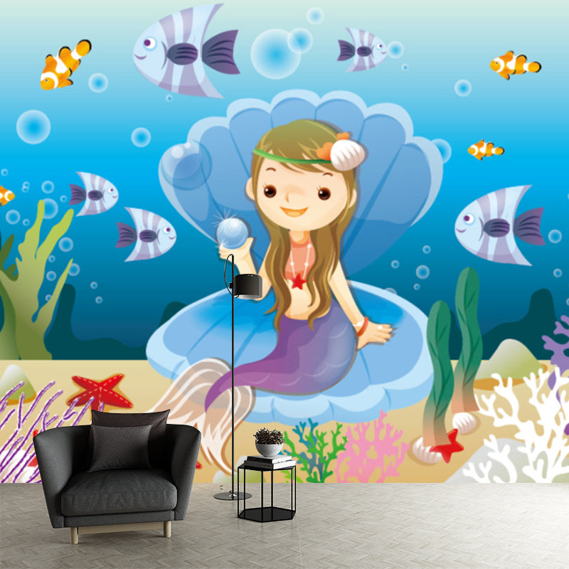 Sea Pearl Princess Fantasy Mural Cartoon Style Smooth Wall Decoration in Multi-Color Clearhalo 'Wall Decor' 'Wall Mural' 1171768