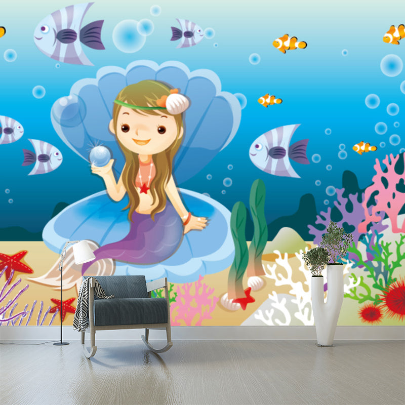 Sea Pearl Princess Fantasy Mural Cartoon Style Smooth Wall Decoration in Multi-Color Clearhalo 'Wall Decor' 'Wall Mural' 1171769