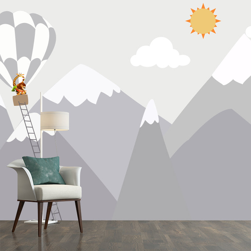 Hot Air Balloon Trip Murals Cartoon Moisture Resistant Kids Room Wall Art, Customized Size Gray-White Clearhalo 'Wall Decor' 'Wall Mural' 1171772