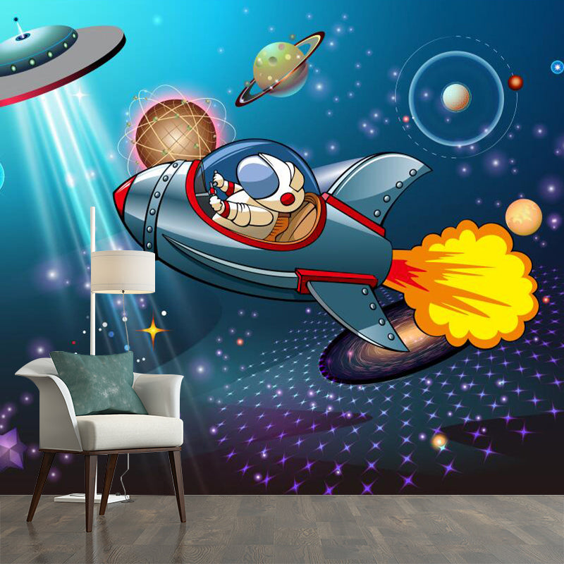 Blue Childrens Art Wall Murals Large Cartoon Astronaut Patterned Wall Decor for Nursery Clearhalo 'Wall Decor' 'Wall Mural' 1171784