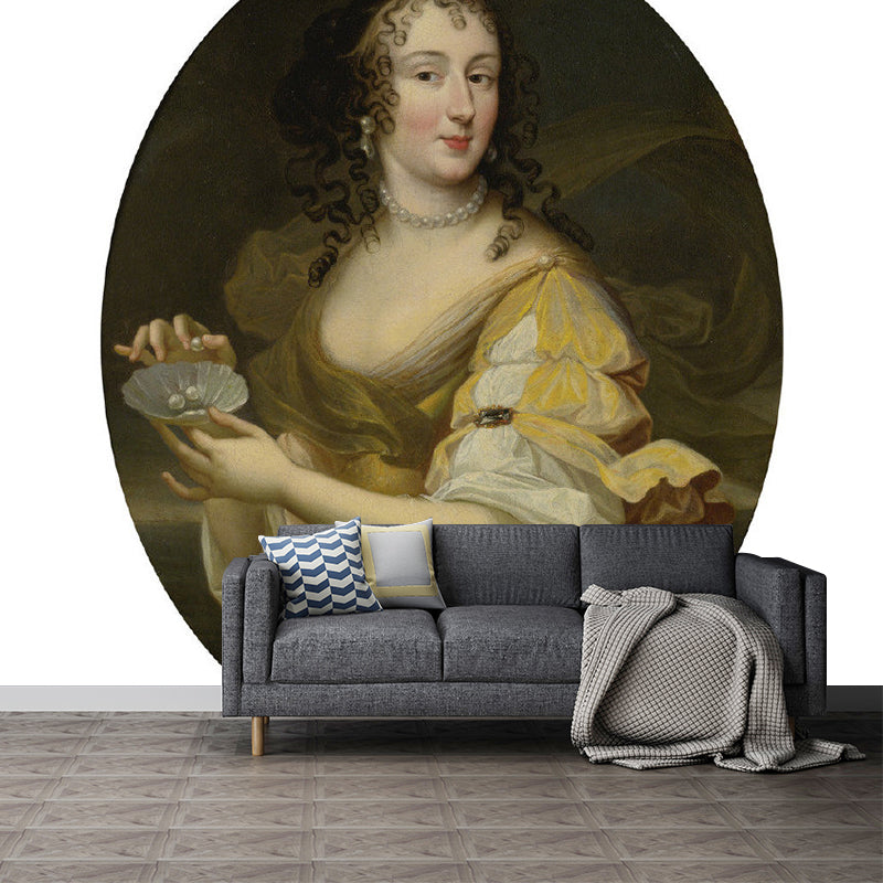 Full Pearl and Woman Mural in Yellow Non-Woven Fabric Wall Art for Bedroom, Custom-Made Yellow Clearhalo 'Wall Decor' 'Wall Mural' 1171862