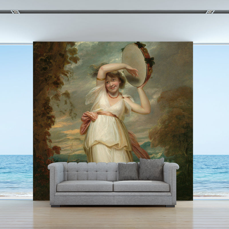 Brown Drum and Girl Mural Wallpaper Stain-Resistant Wall Art for Guest Room Decor Brown Clearhalo 'Wall Decor' 'Wall Mural' 1171867