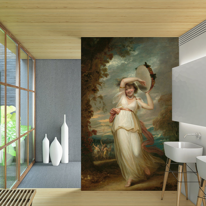 Brown Drum and Girl Mural Wallpaper Stain-Resistant Wall Art for Guest Room Decor Clearhalo 'Wall Decor' 'Wall Mural' 1171868