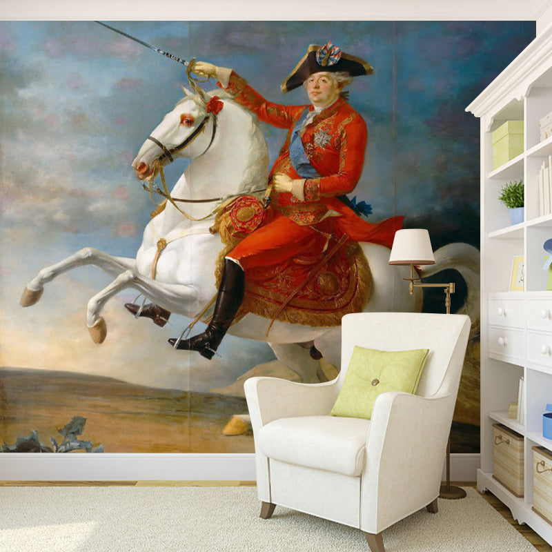 European Horse and Man Mural for Home Decoration, Personalized Size Wall Covering in Red and White Clearhalo 'Wall Decor' 'Wall Mural' 1171904