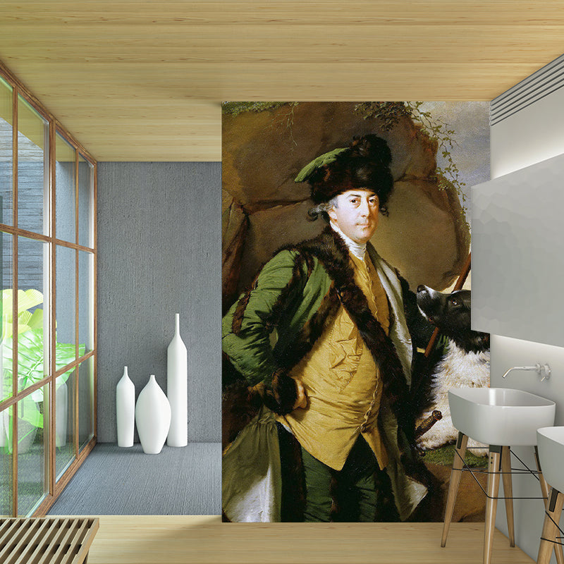 Classic Dog and Man Mural for Home Decoration, Custom-Printed Wall Art in Multi-Color Brown-Green-Yellow Clearhalo 'Wall Decor' 'Wall Mural' 1171972