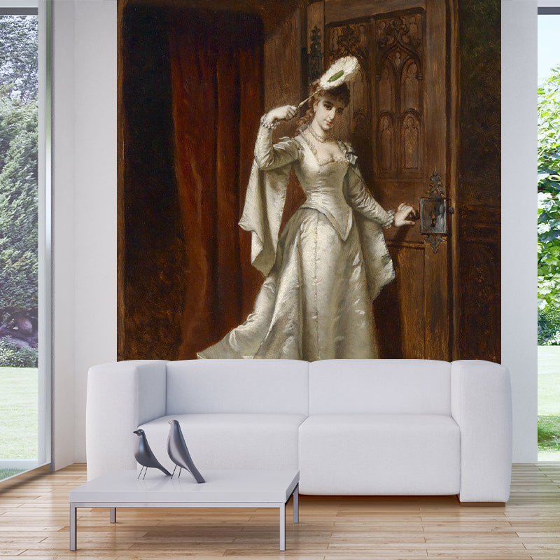 White and Brown Retro Mural Custom-Printed Dignified Lady Wall Decor for Fireplace Clearhalo 'Wall Decor' 'Wall Mural' 1171998