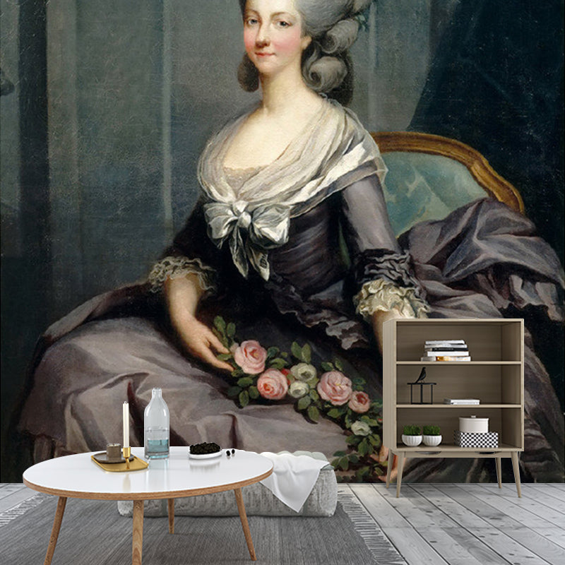 Grey Princess of Lamballe Murals Portrait Vintage Waterproof Wall Covering for Hallway Grey Clearhalo 'Wall Decor' 'Wall Mural' 1172187