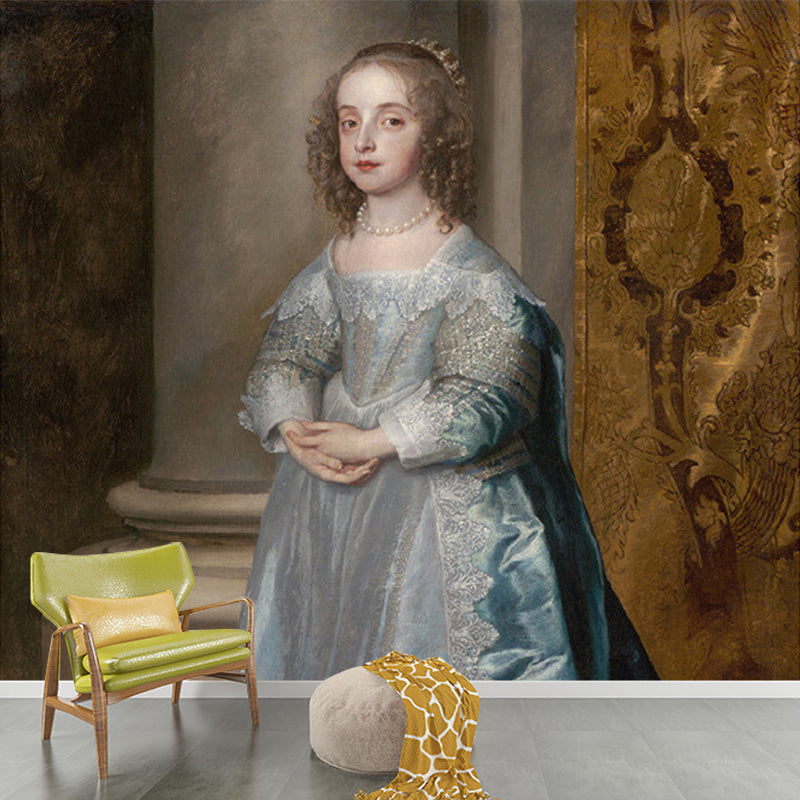 Large Vintage Wall Murals Grey and Blue Van Dyck The Princess Mary Portrait Wall Covering Gray-Blue Clearhalo 'Wall Decor' 'Wall Mural' 1172212