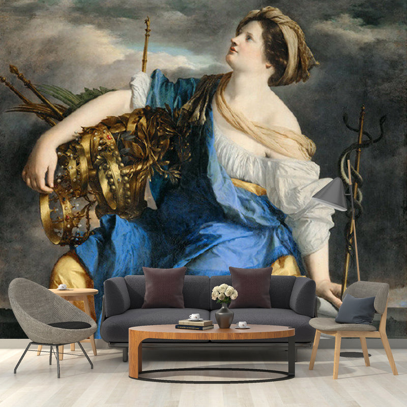 Large Illustration Vintage Mural with Public Felicity Triumphant over Dangers Pattern in Blue-Grey-Yellow Clearhalo 'Wall Decor' 'Wall Mural' 1172369