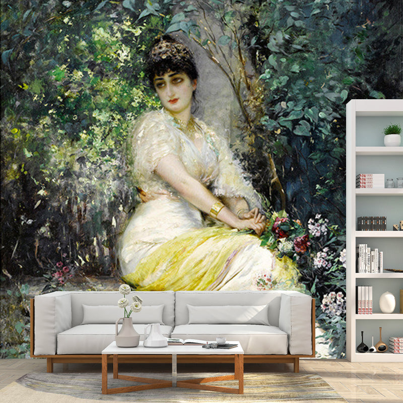 Green-White Classic Mural Wallpaper Whole Edouard Frederic A Seat in the Shade Painting Wall Decor for Walls Green-White Clearhalo 'Wall Decor' 'Wall Mural' 1172372