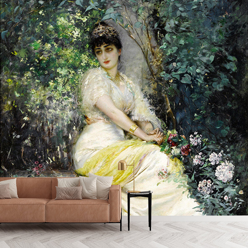 Green-White Classic Mural Wallpaper Whole Edouard Frederic A Seat in the Shade Painting Wall Decor for Walls Clearhalo 'Wall Decor' 'Wall Mural' 1172374