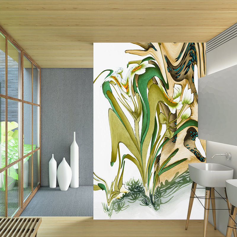 Flower and Rock Abstract Mural Decorative Smooth Textured Wall Art in Green-White Clearhalo 'Wall Decor' 'Wall Mural' 1172433