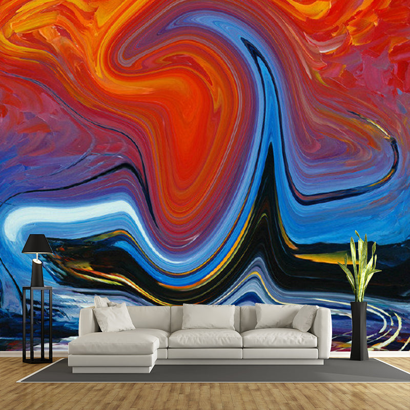 Illustration Abstract Wall Murals Hallway Flowing Steam Wall Art in Orange-Blue, Stain-Proof Orange-Blue Clearhalo 'Wall Decor' 'Wall Mural' 1172437