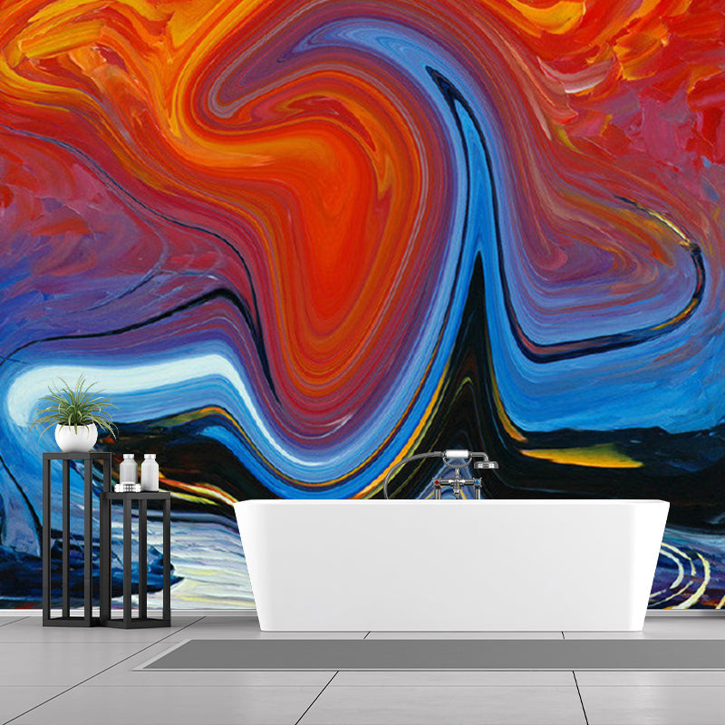 Illustration Abstract Wall Murals Hallway Flowing Steam Wall Art in Orange-Blue, Stain-Proof Clearhalo 'Wall Decor' 'Wall Mural' 1172438