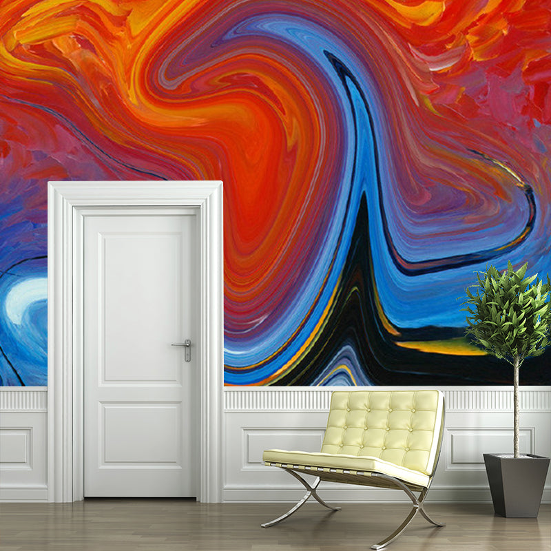 Illustration Abstract Wall Murals Hallway Flowing Steam Wall Art in Orange-Blue, Stain-Proof Clearhalo 'Wall Decor' 'Wall Mural' 1172439