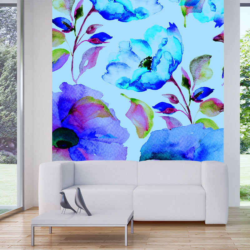 Blue Blooming Flower Wallpaper Murals Stain Resistant Wall Covering for Living Room Clearhalo 'Wall Decor' 'Wall Mural' 1172468